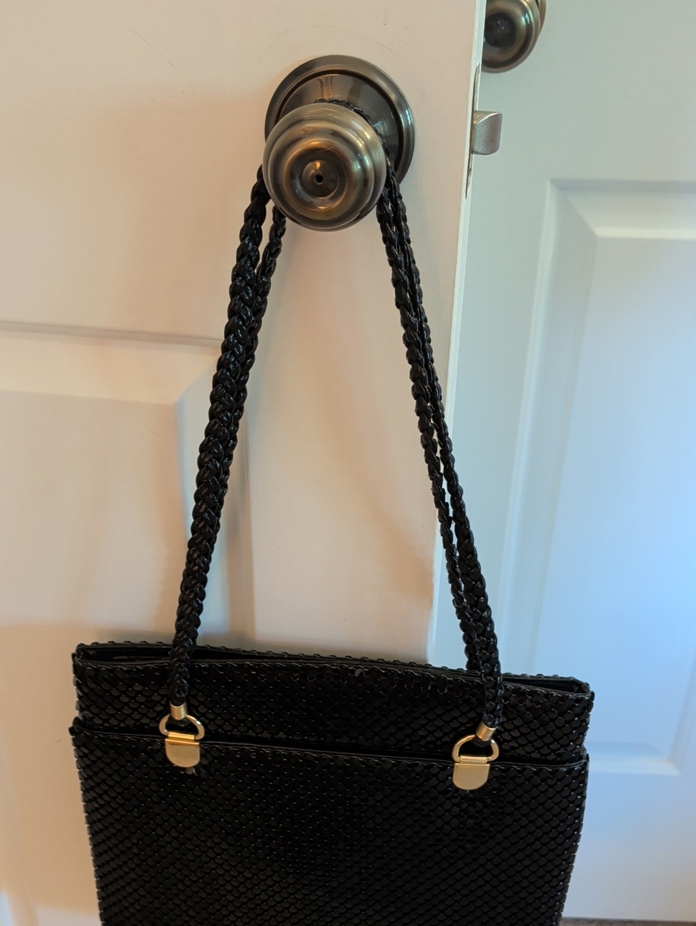 Vintage Black Beaded Woven Shoulder Bag with Gold Hardware